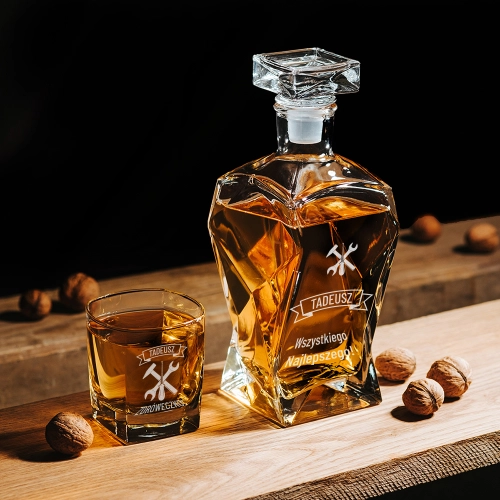 Karafka Łamana z Grawerem i Szklanka Do Whisky - Prezent dla Mechanika - Zdróweczko!