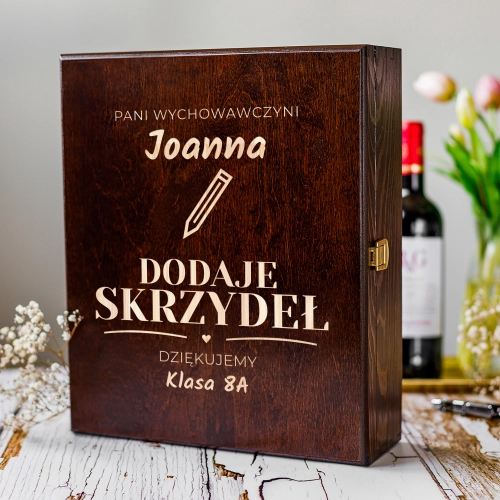 Skrzynka na Wino z Grawerem - Prezent dla Wychowawcy - Dzień Nauczyciela - Potrójna