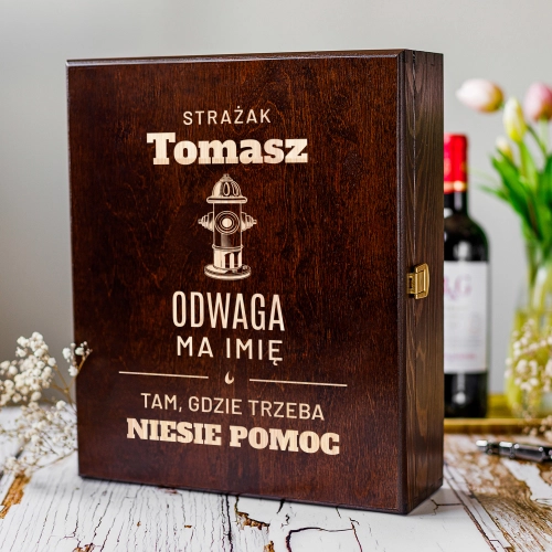 Skrzynka na Wino z Grawerem - Prezent dla Strażaka - Potrójna