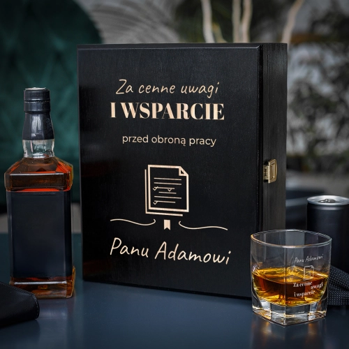 Zestaw Skrzynka na Whisky + Szklanka z Grawerem - Prezent dla Promotora