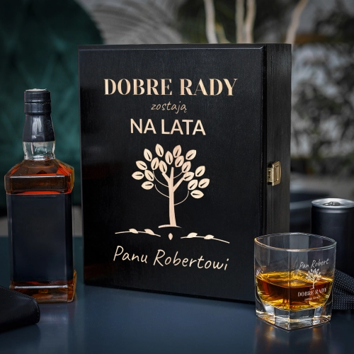 Zestaw Skrzynka na Whisky + Szklanka z Grawerem - Prezent dla Wychowawcy