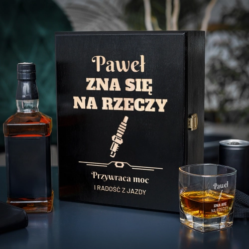 Zestaw Skrzynka na Whisky + Szklanka z Grawerem - Prezent dla Mechanika