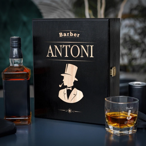 Zestaw Skrzynka na Whisky + Szklanka z Grawerem - Prezent dla Barbera