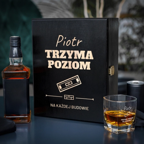 Zestaw Skrzynka na Whisky + Szklanka z Grawerem - Prezent dla Budowlańca