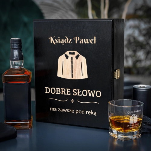 Zestaw Skrzynka na Whisky + Szklanka z Grawerem dla Księdza - Prezent dla Księdza
