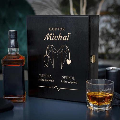 Zestaw Skrzynka na Whisky + Szklanka z Grawerem dla Lekarza - Prezent dla Lekarza