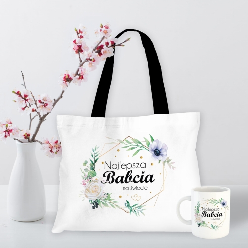 Torba na Zakupy z Nadrukiem + Kubek - Prezent na Dzień Babci - Najlepsza Babcia na Świecie Boho