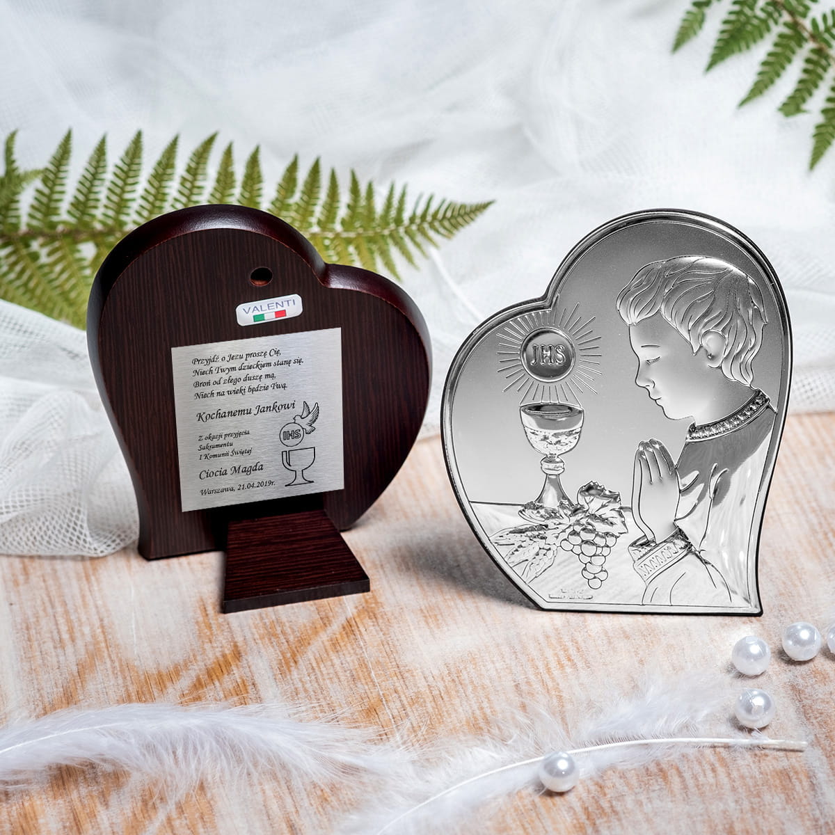 Srebrny obrazek serce pamiątka komunii dla chłopca