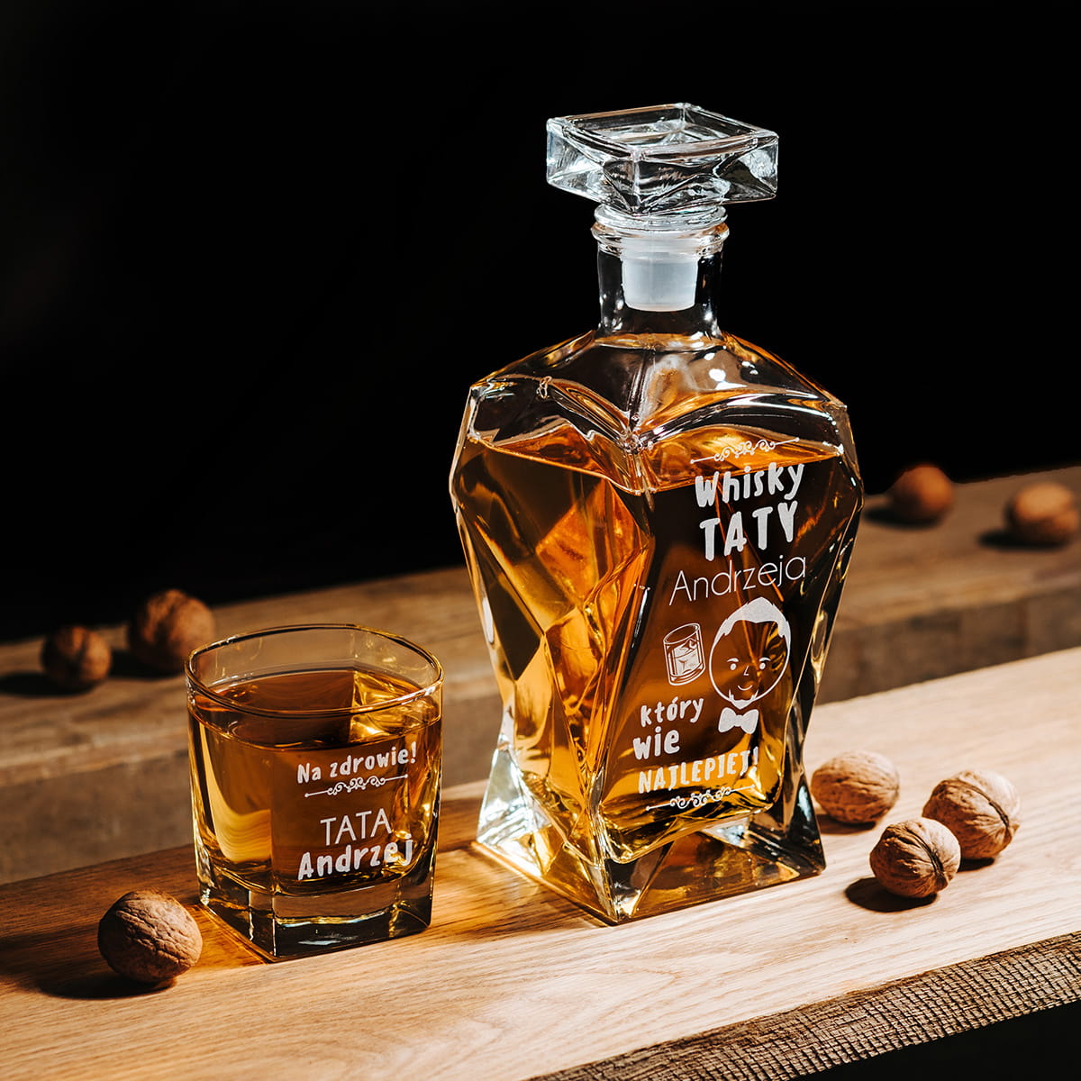 Łamana karafka z grawerem i szklanka do whisky, prezent dla taty