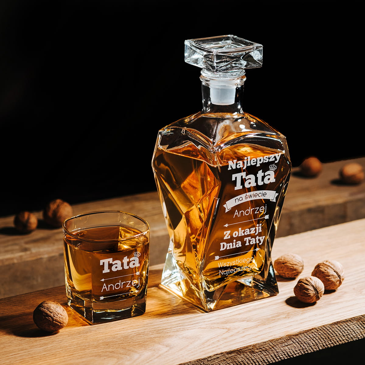 Łamana karafka z grawerem i szklanka do whisky, prezent dla taty