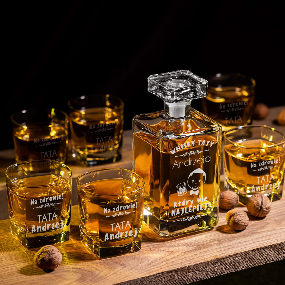 Kwadratowa karafka z grawerem i 6 szklanek do whisky, prezent dla taty