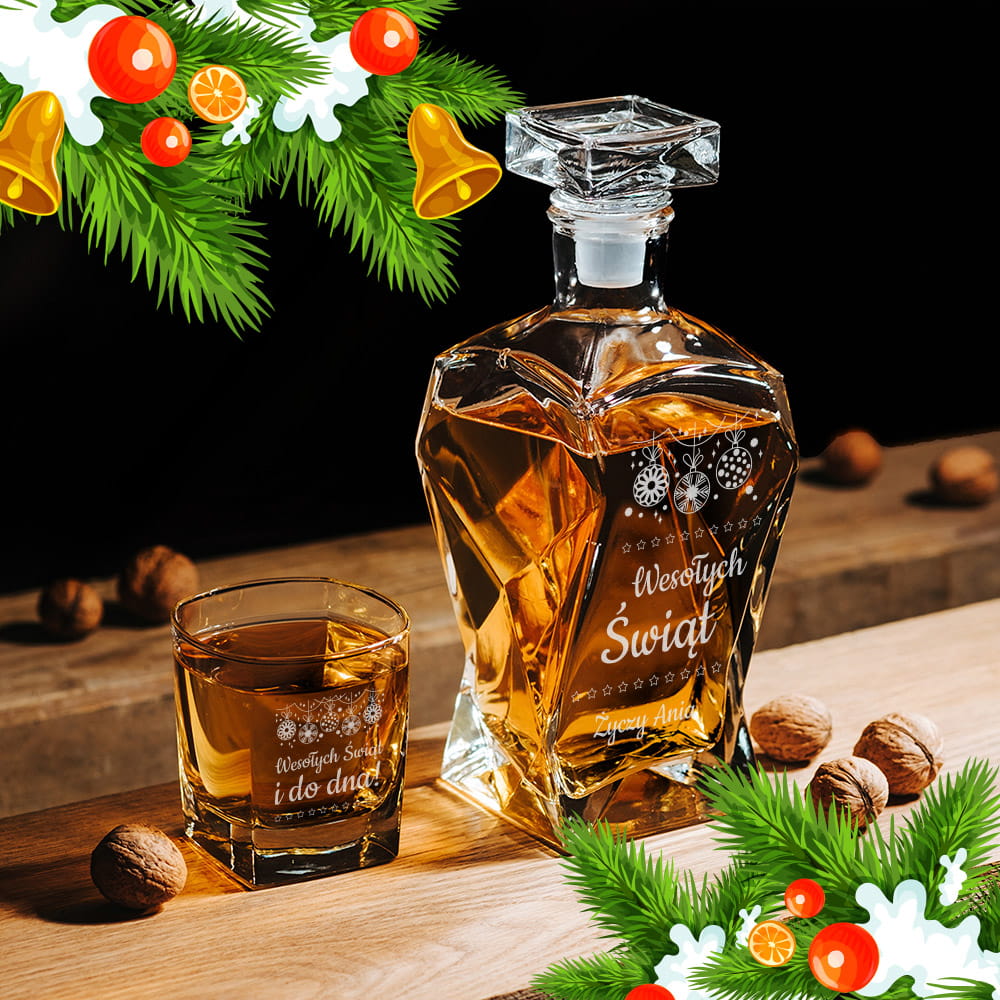 Karafka z Grawerem i Szklanka Do Whisky - Prezent na Święta - Wesołych Świąt Śnieżynki - Łamana