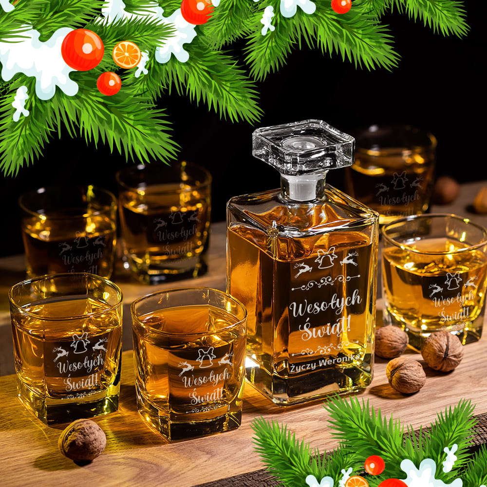 Karafka z Grawerem i 6 Szklanek Do Whisky - Prezent na Święta - Wesołych Świąt Renifery - Kwadratowa