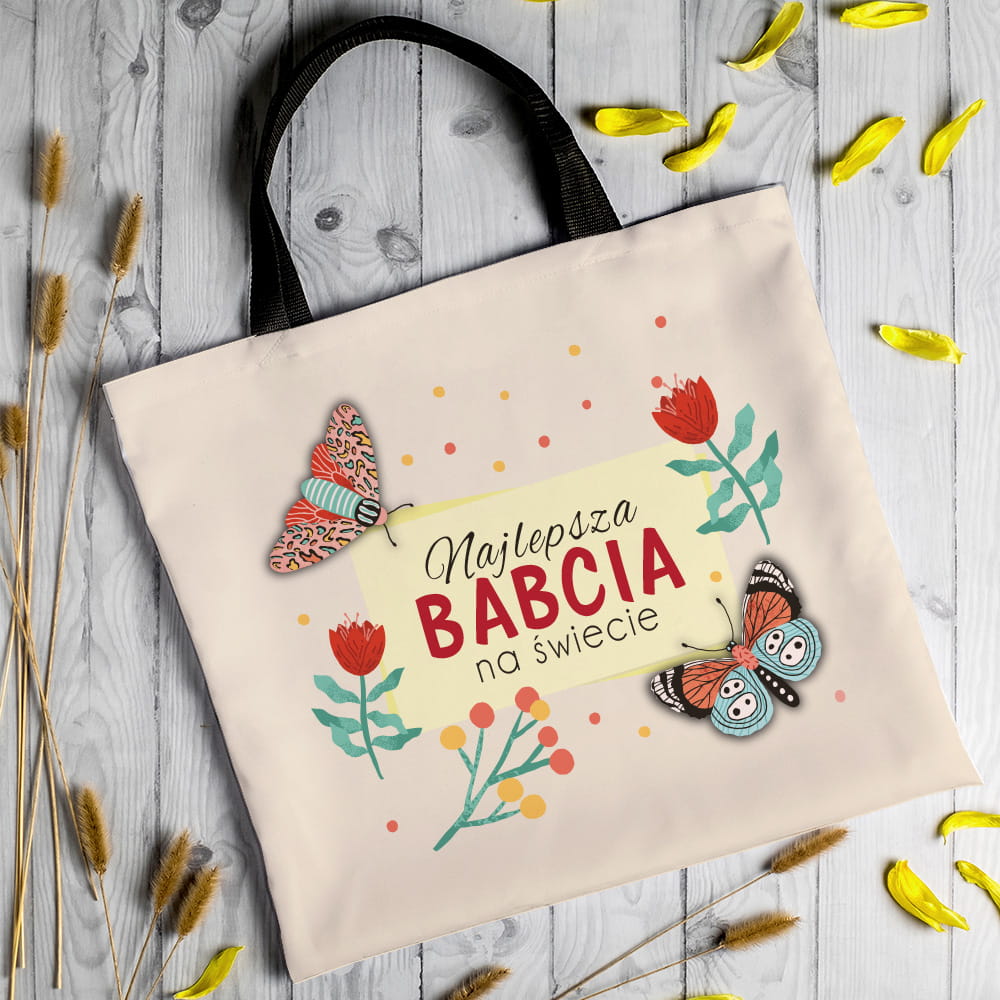 Torba Na Zakupy z Nadrukiem dla Babci - Prezent na Dzień Babci - Najlepsza Babcia Na Świecie Motyle
