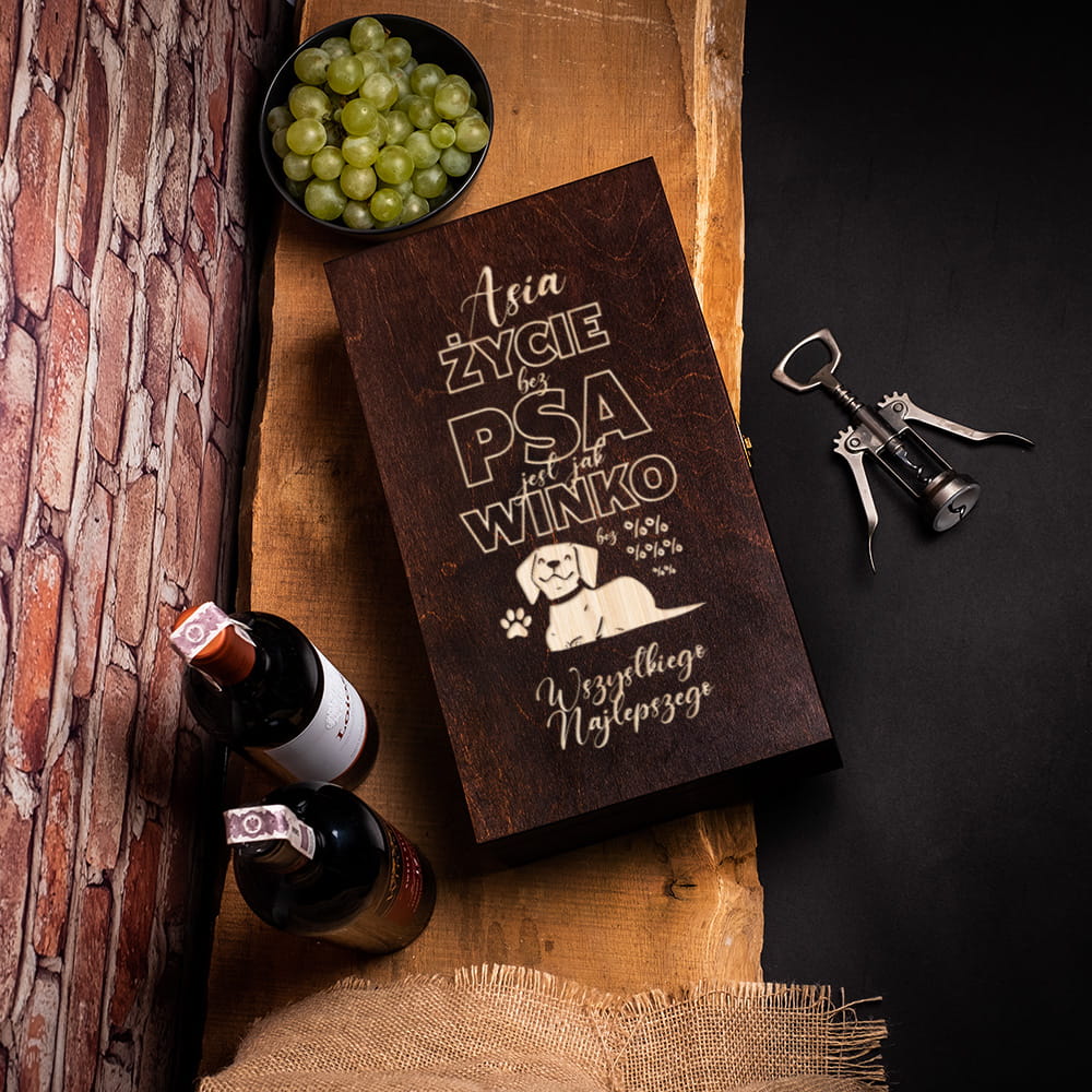 Skrzynka na Wino z Grawerem - Prezent Miłośnika Psów - Zycie Bez Psa - Podwójna