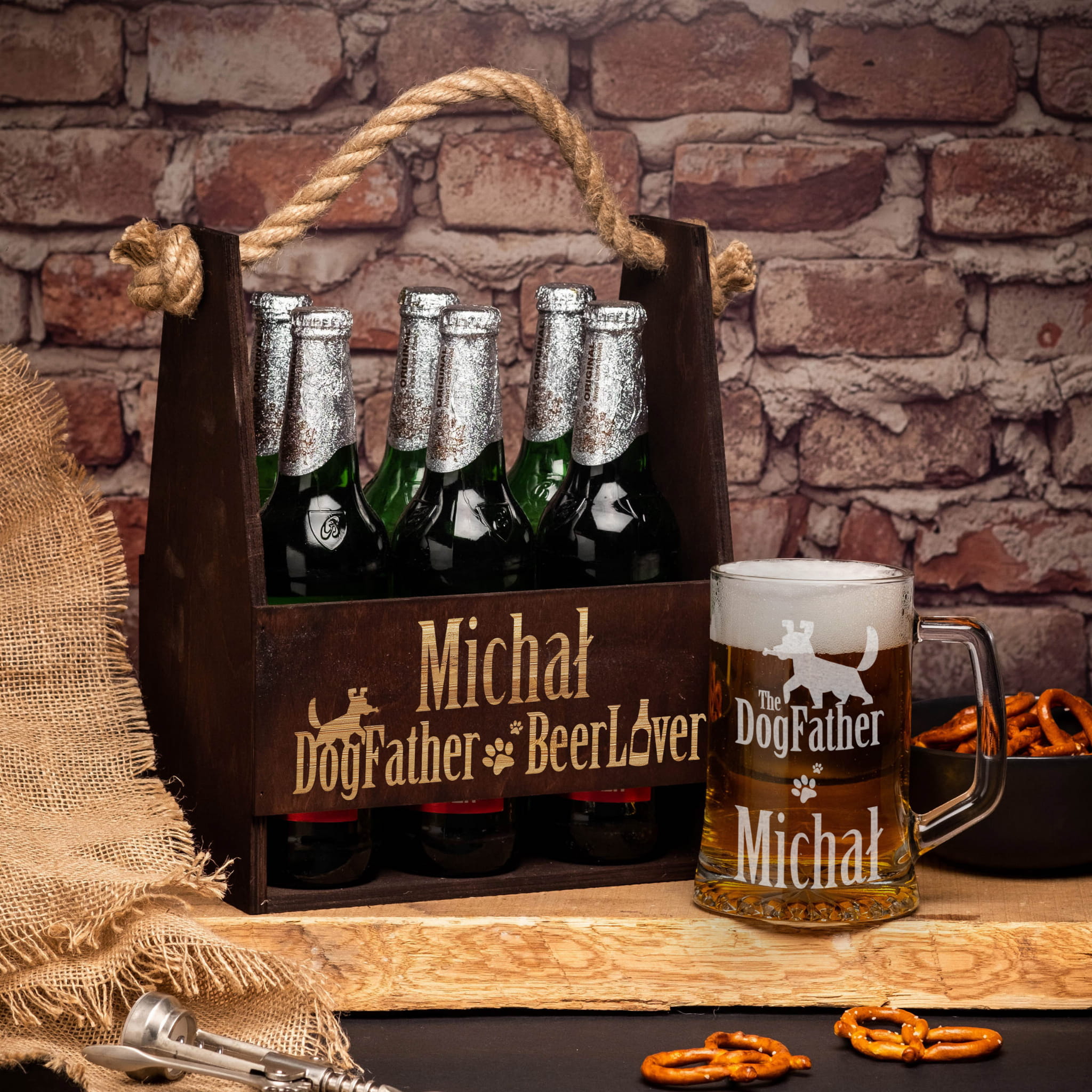 Nosidło i Kufel na Piwo z Grawerem - Prezent dla Miłośnika Psów - DogFather BeerLover