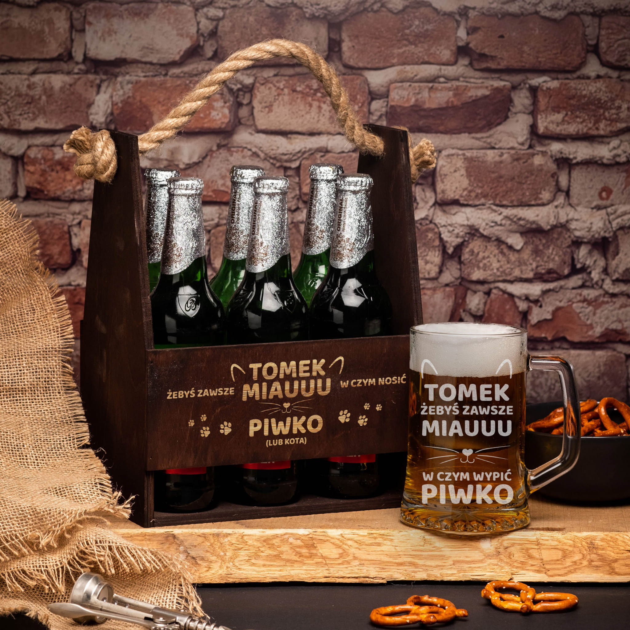 Nosidło i Kufel na Piwo z Grawerem - Prezent dla Miłośnika Kotów - Żebyś  Zawsze Miauu