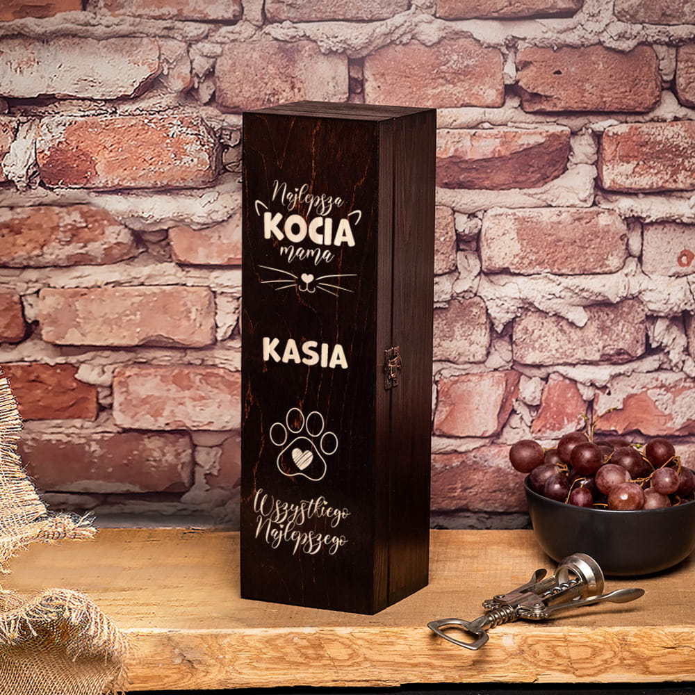 Skrzynka na Wino z Grawerem - Prezent dla Kociary - Kocia Mama - Zamykana