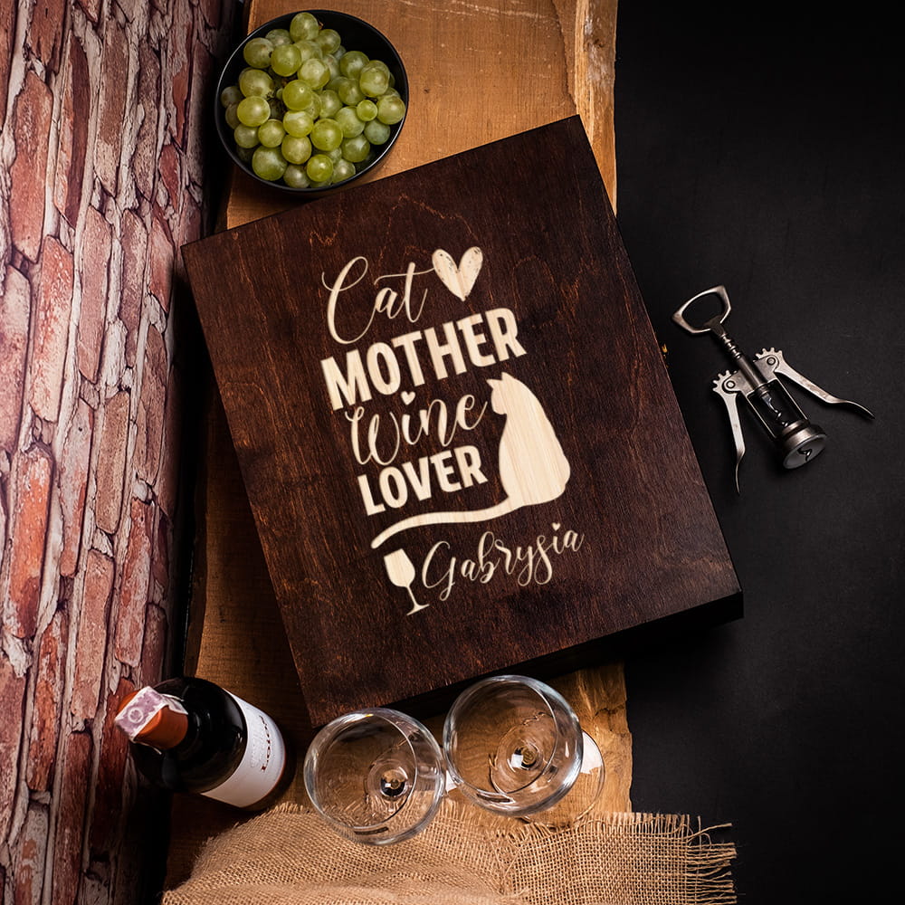 Skrzynka na Wino z Grawerem - Prezent dla Kociary - Cat Mother - Potrójna