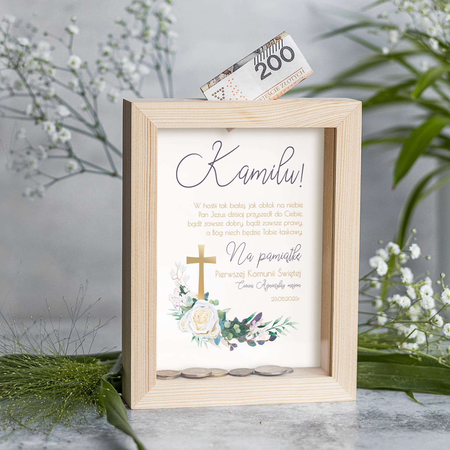 Skarbonka Drewniana Prezent na Komunię Świętą - Pamiątka Pierwszej Komunii Świętej