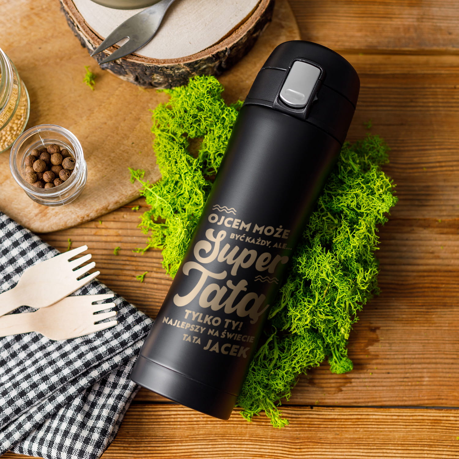 Kubek Termiczny z Grawerem dla Taty - Prezent na Dzień Ojca z Imieniem - Super Tata Tylko Ty - Zamykany