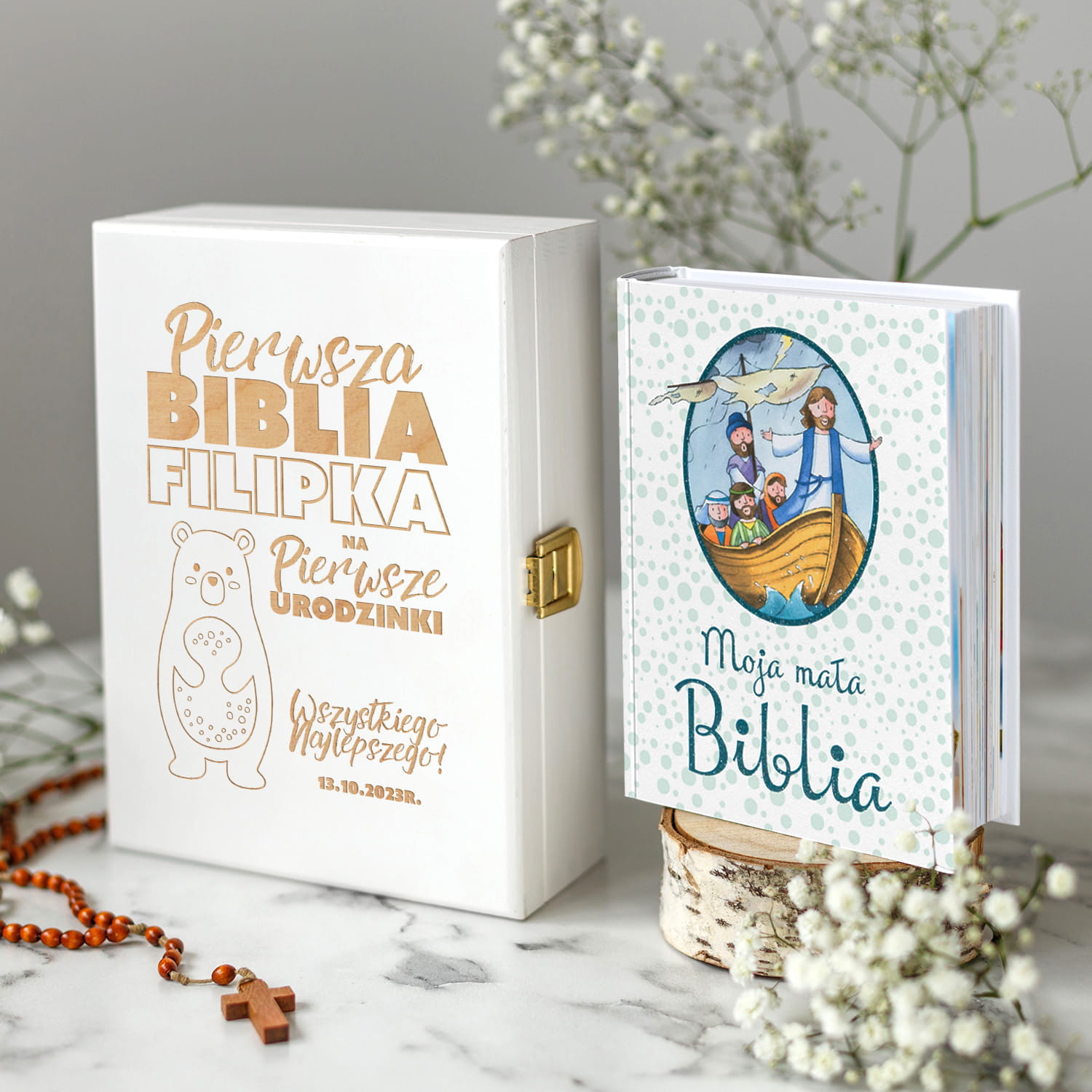 Biblia w Pudełku Prezent na Pierwsze Urodziny - Prezent na Roczek - Biblia dla Dzieci - Miś - Biała
