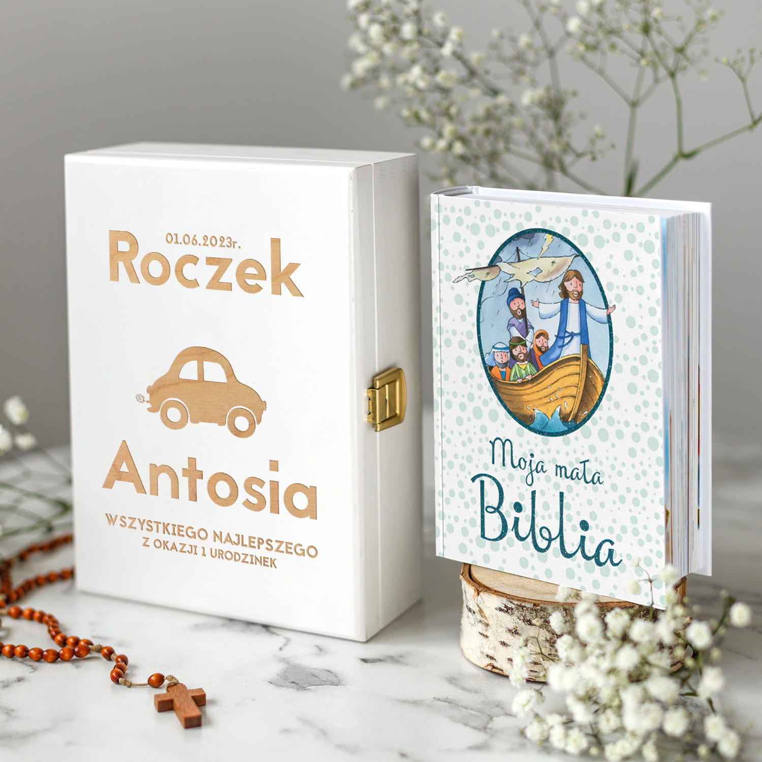 Biblia w Pudełku Prezent na Pierwsze Urodziny - Prezent na Roczek - Biblia dla Dzieci - Autko - Biała