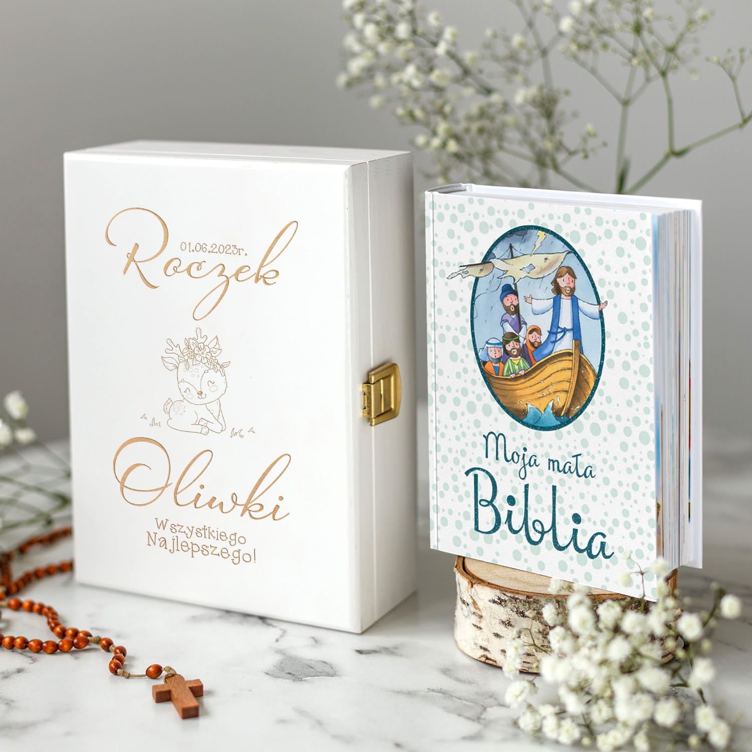 Biblia w Pudełku Prezent na Pierwsze Urodziny - Prezent na Roczek - Biblia dla Dzieci - Sarenka - Biała