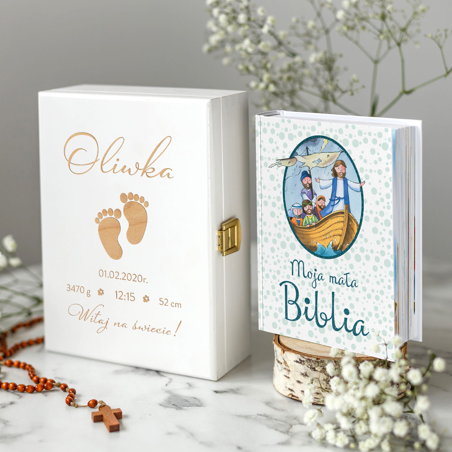 Biblia w Pudełku Prezent na Narodziny - Metryczka Urodzenia - Biblia dla Dzieci - Biała