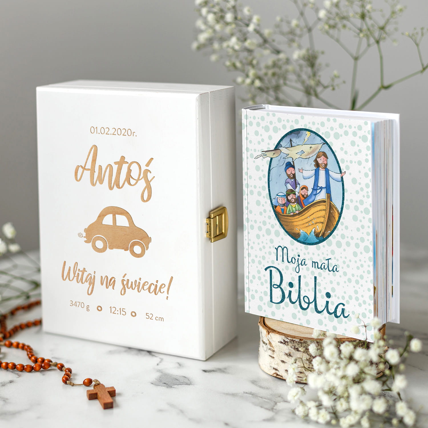 Biblia w Pudełku Prezent na Narodziny - Metryczka Urodzenia - Biblia dla Dzieci - Biała