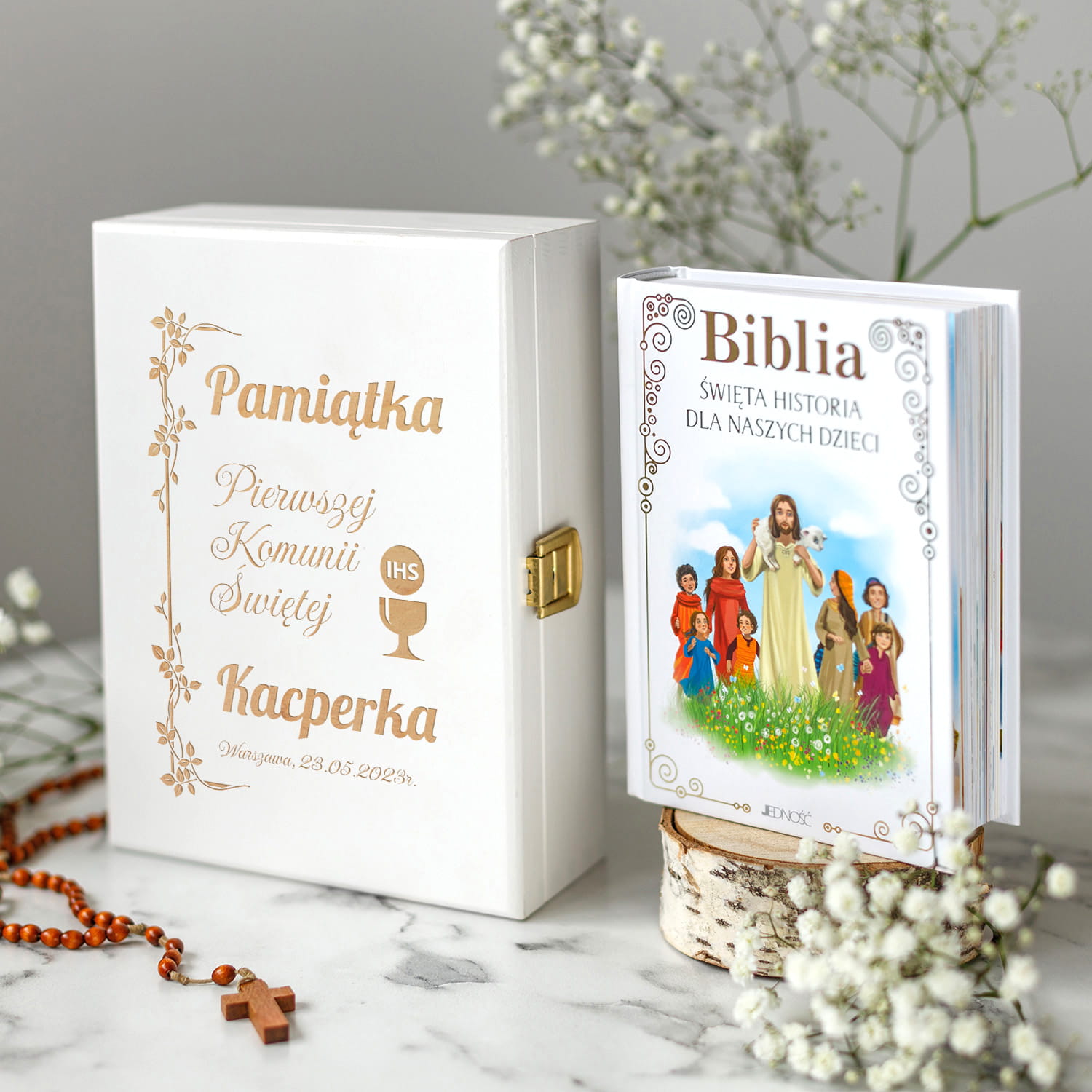 Biblia w Pudełku Prezent na Komunię Świętą - Pamiątka Pierwszej Komunii Świętej - Biała