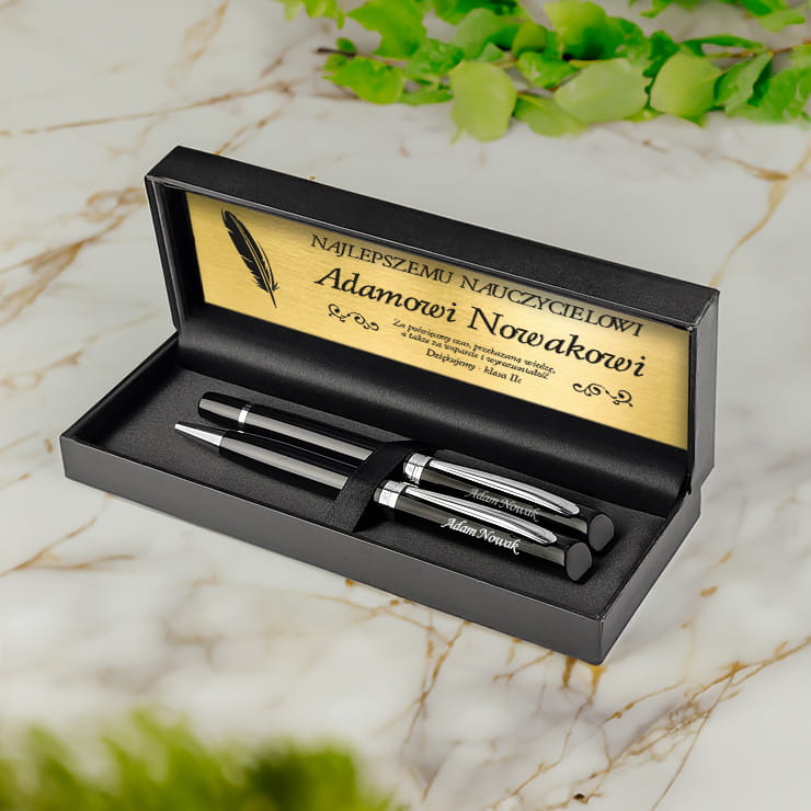 Zestaw Piśmienniczy dla Nauczyciela - Długopis i Pióro z Grawerem na Dzień Nauczyciela - Za Poświęcony Czas Pióro - Czarny