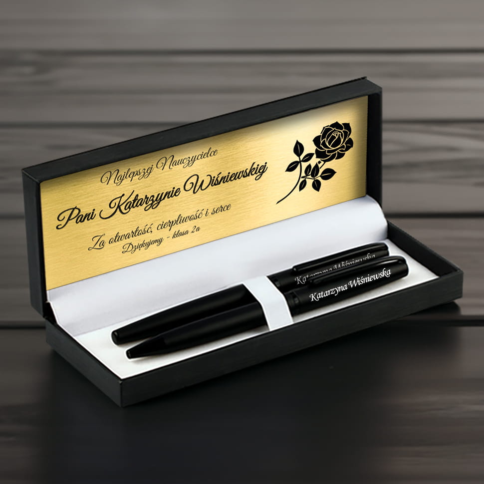 Zestaw Piśmienniczy dla Nauczyciela - Długopis i Pióro z Grawerem na Dzień Nauczyciela - Za Otwartość i Cierpliwość - Matowy