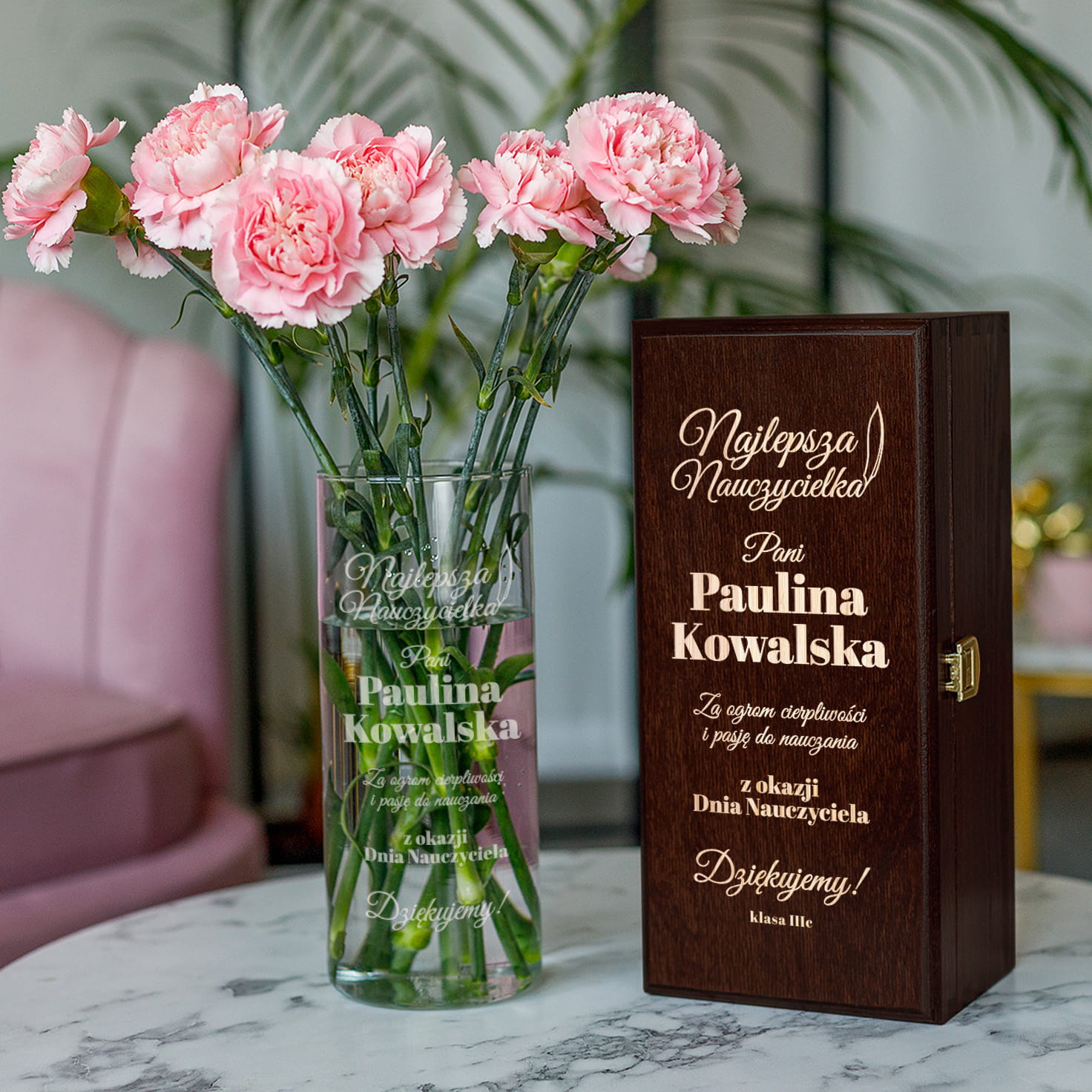 Wazon z Grawerem w Skrzynce dla Nauczycielki - Prezent na Dzień Nauczyciela  - Najlepsza Nauczycielka Na Dzień Nauczyciela
