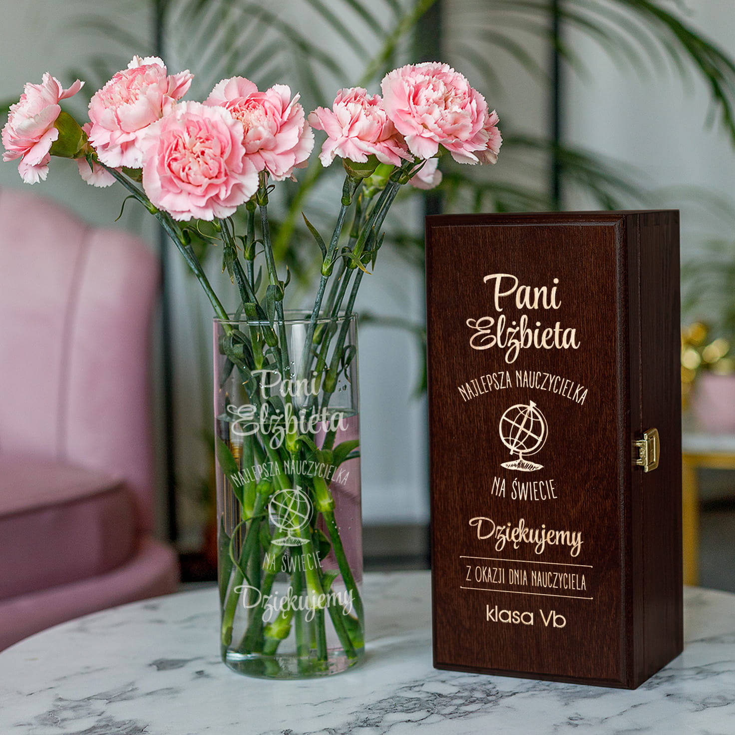 Wazon z Grawerem w Skrzynce dla Nauczycielki - Prezent na Dzień Nauczyciela  - Najlepsza Nauczycielka Na Świecie Dziękujemy