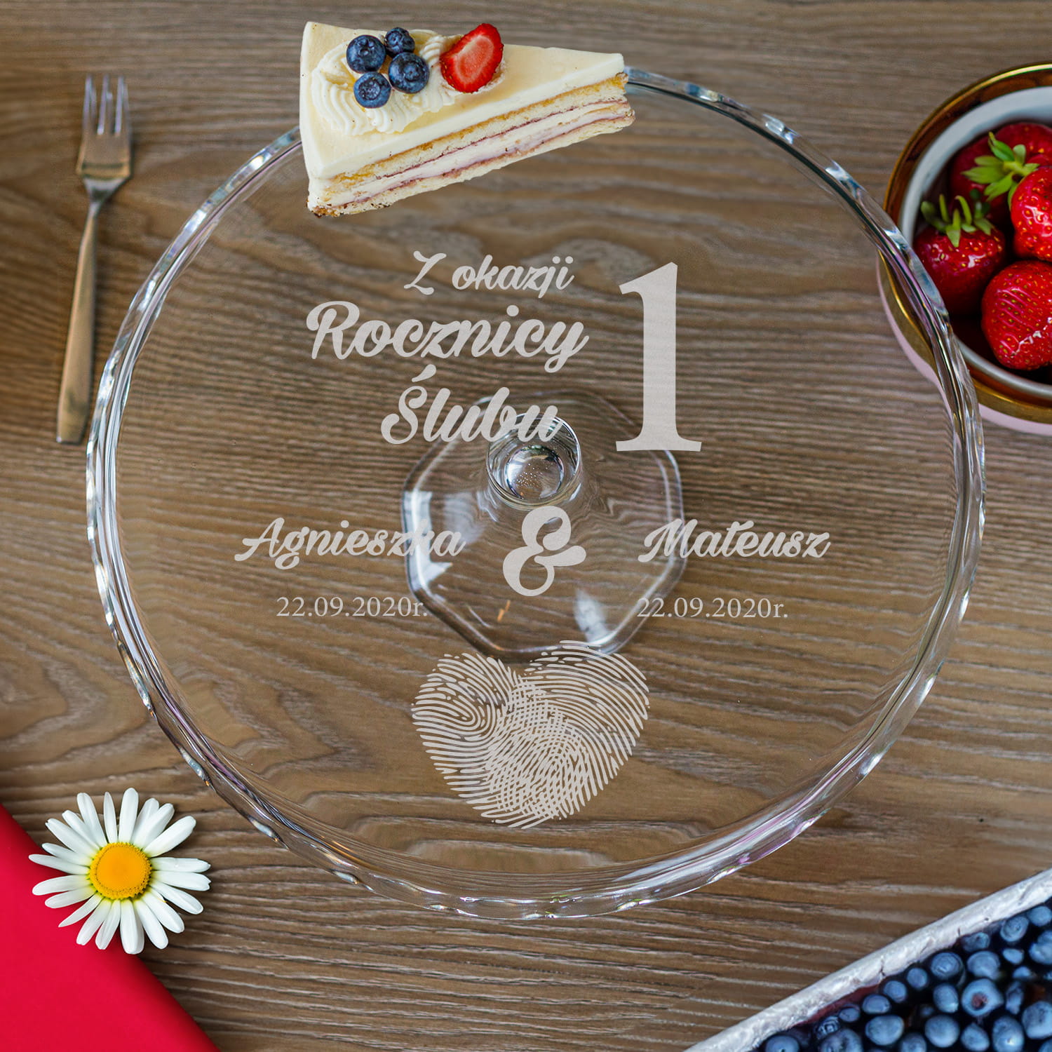 Szklana Patera na Ciasto Tort z Grawerem - Prezent na Rocznicę Ślubu - Odciski - Fala