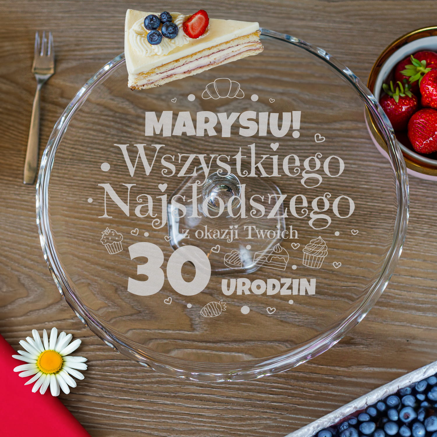 Szklana Patera na Ciasto Tort z Grawerem - Prezent na Urodziny - Wszystkiego Najsłodszego - Fala