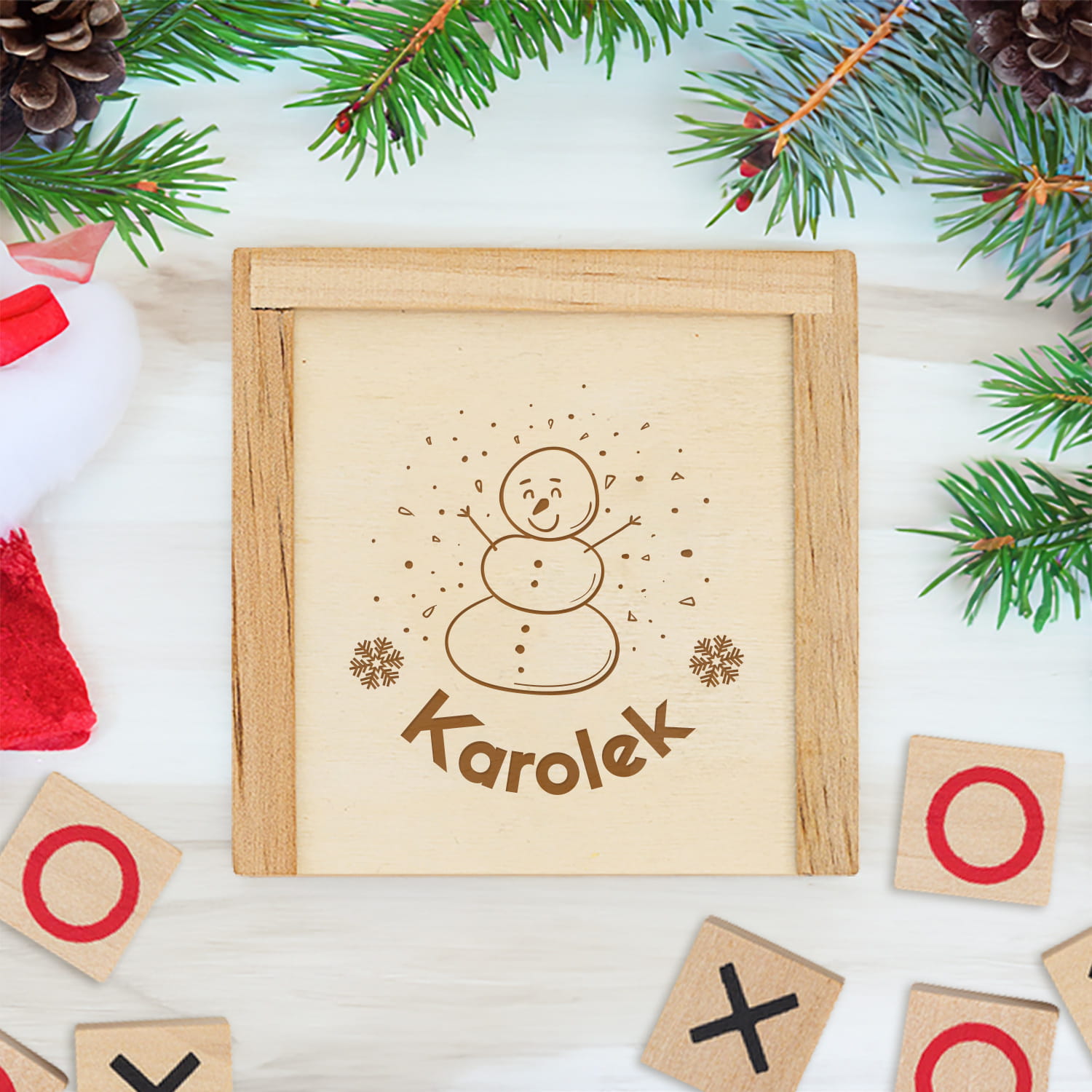 Drewniana Gra Kółko Krzyżyk z Grawerem - Prezent Na Mikołajki - Bałwanek - Kolorowe