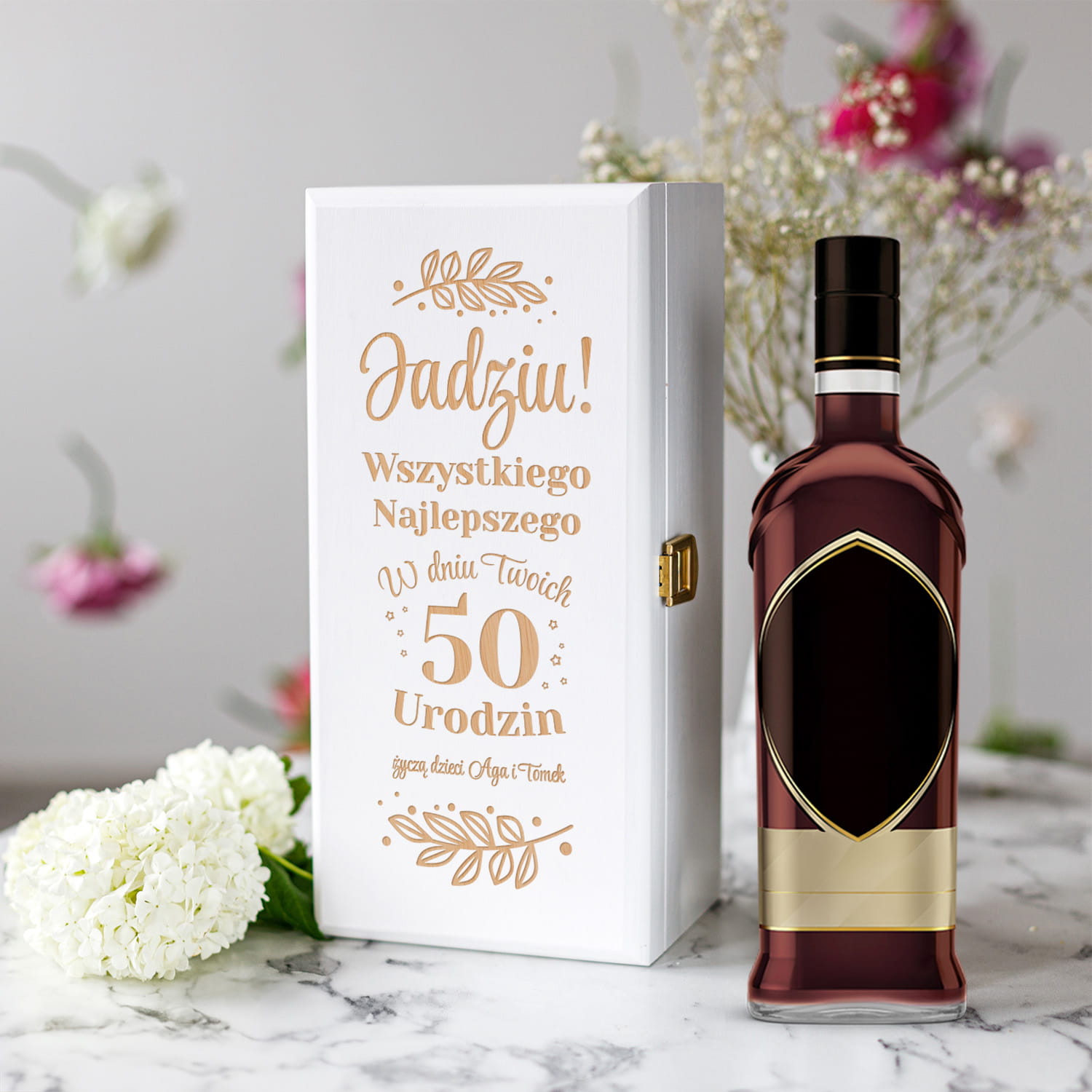 Skrzynka Biała na Alkohol Na Urodziny - Prezent na Urodziny - Wszystkiego Najlepszego  - Liście