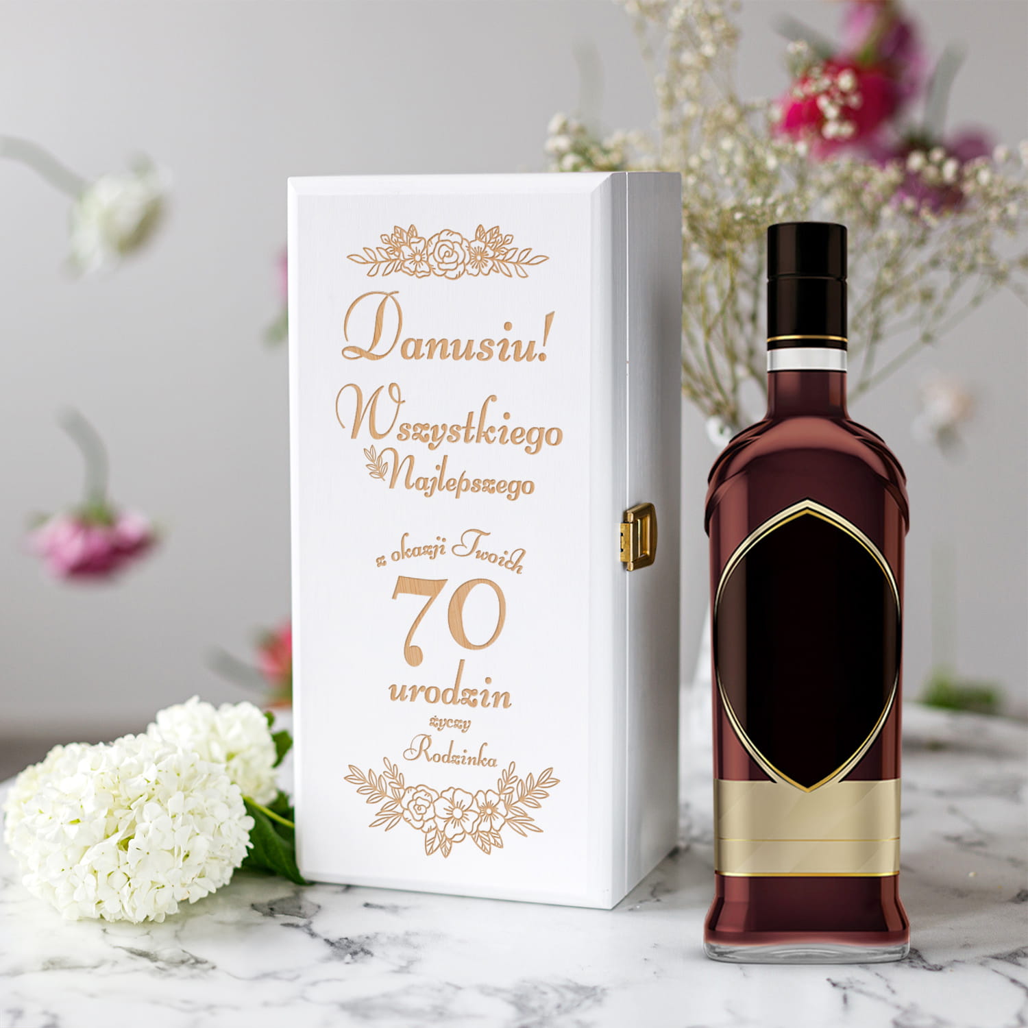 Skrzynka Biała na Alkohol Na Urodziny - Prezent na Urodziny - Wszystkiego Najlepszego  - Kwiat