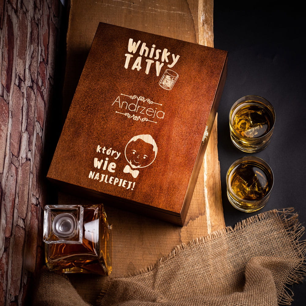 Szklanki do whisky w skrzynce z grawerem ciemny brąz