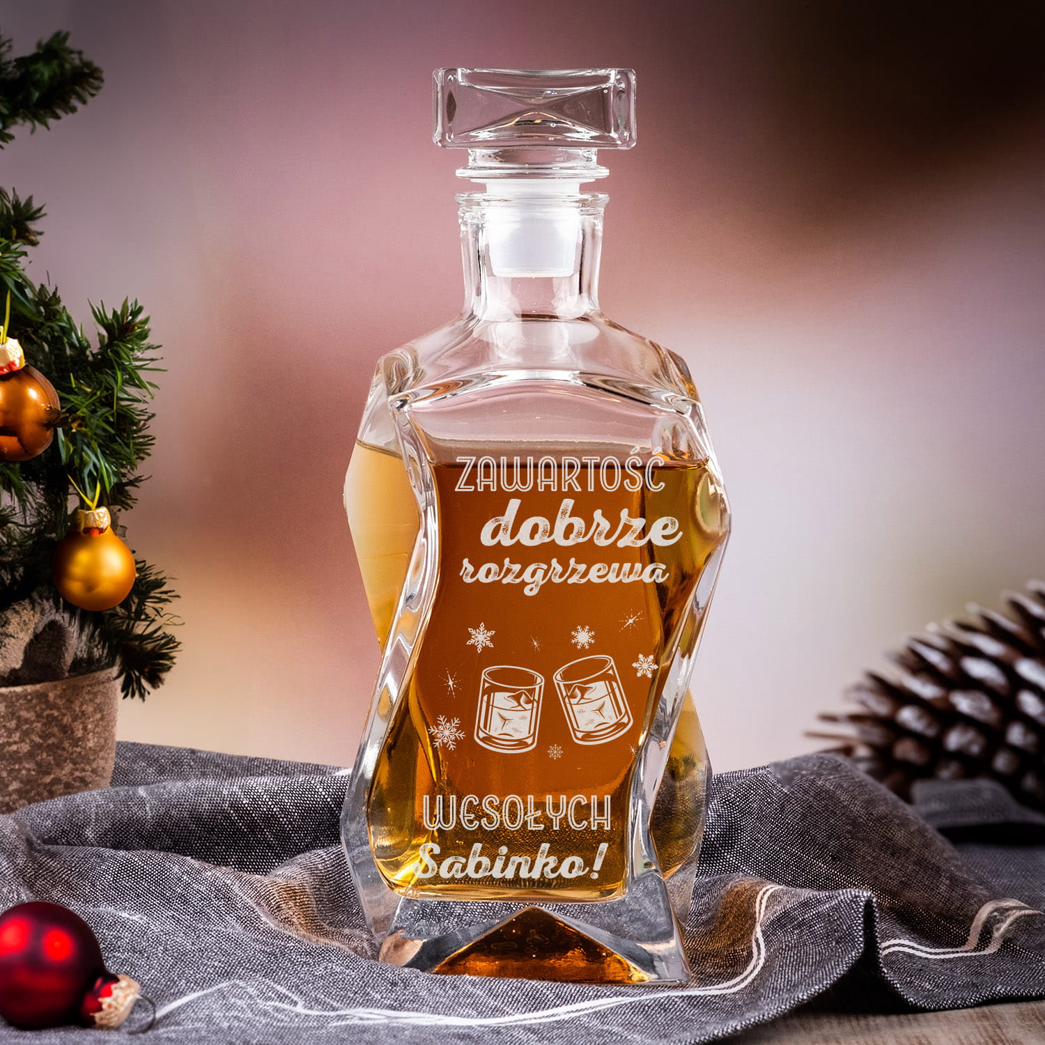 Karafka do Whisky z Grawerem - Prezent na Święta - Zawartość Dobrze Rozgrzewa- Łamana
