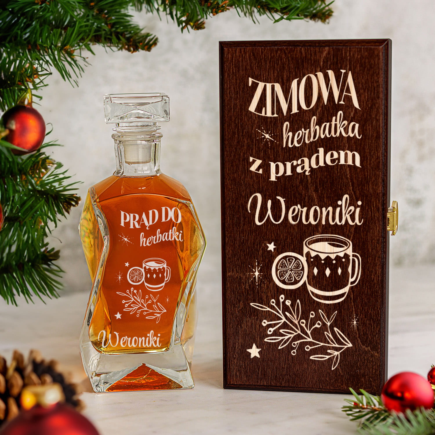 Karafka na Whisky w Skrzynce z Grawerem - Prezent na Święta - Zimowa Herbatka z Prądem - Łamana