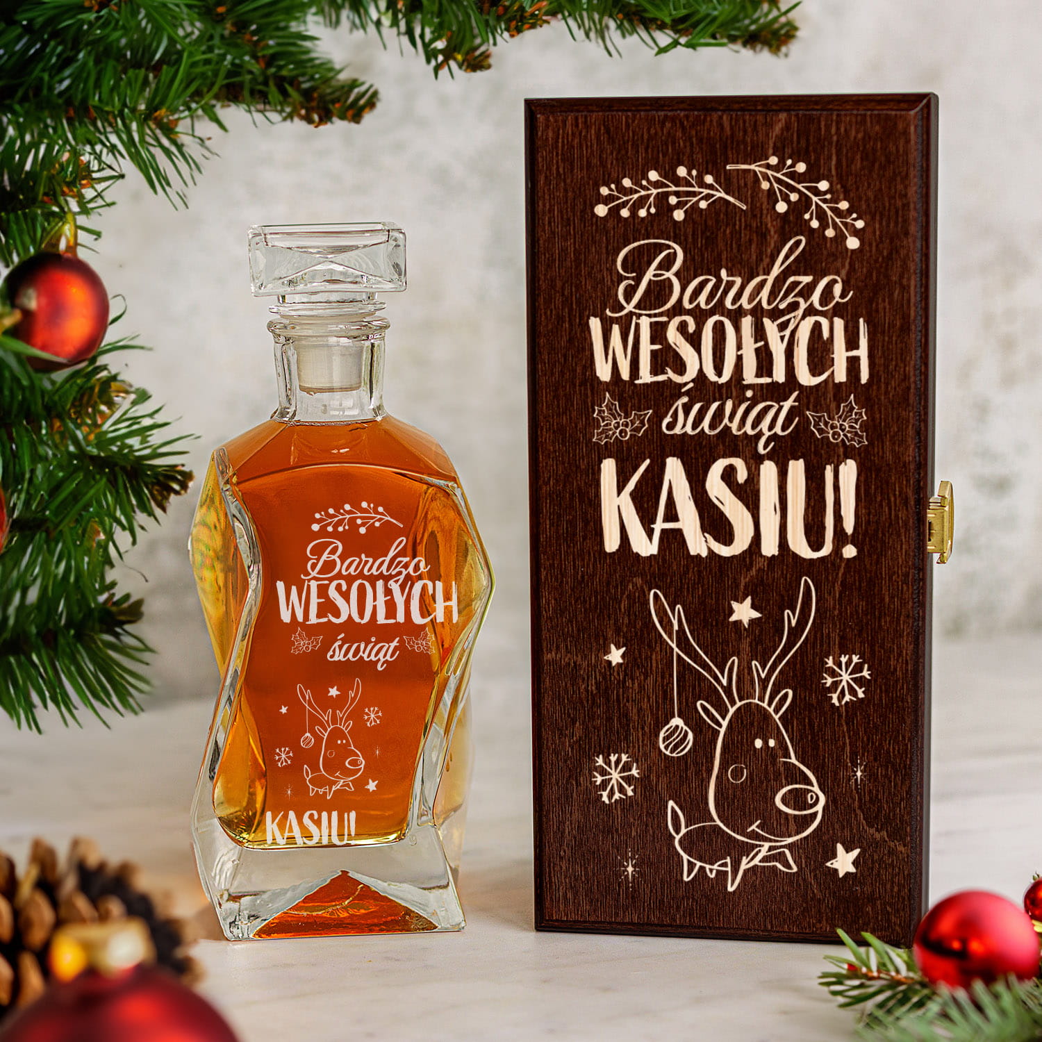 Karafka na Whisky w Skrzynce z Grawerem - Prezent na Święta - Bardzo Wesołych Świąt - Łamana