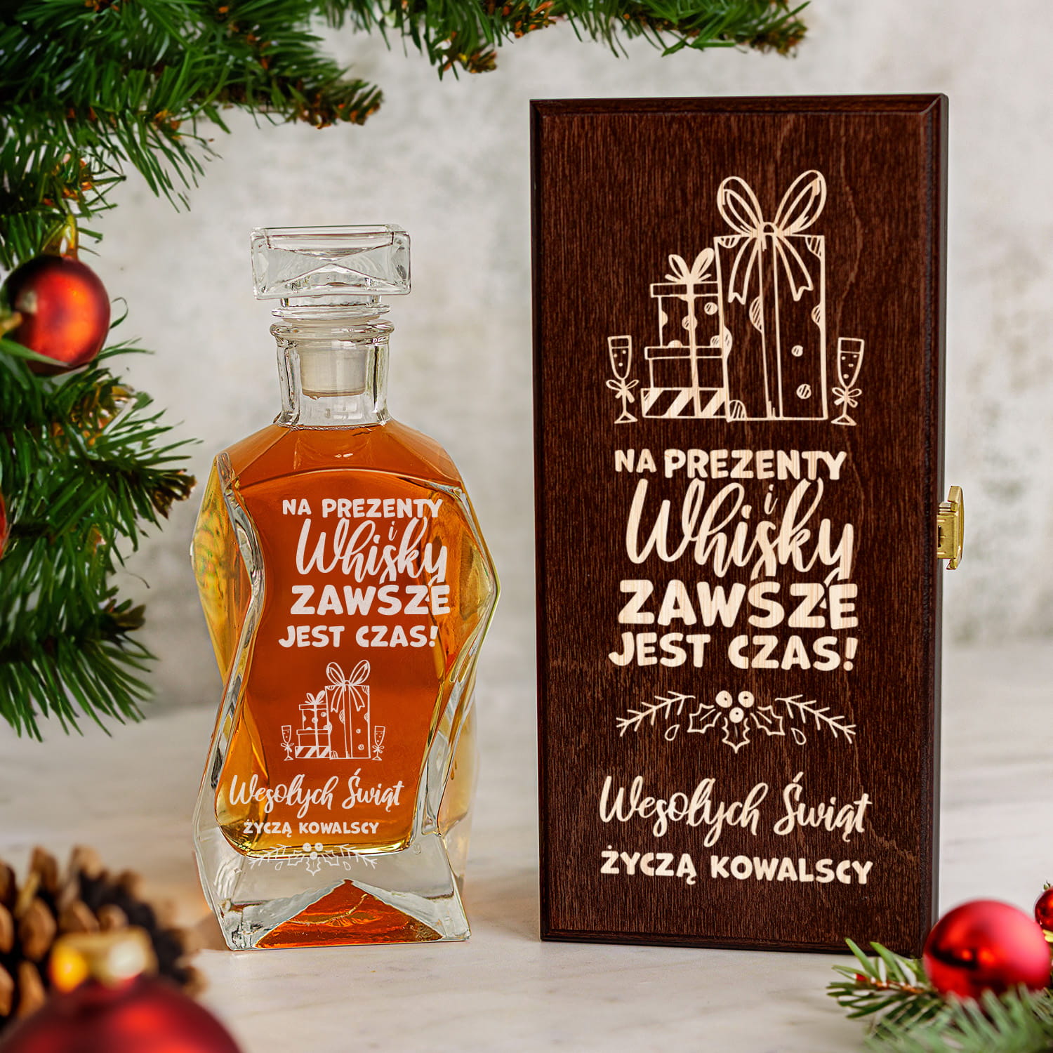 Karafka na Whisky w Skrzynce z Grawerem - Prezent na Święta - Na Whisky Zawsze Jest Czas - Łamana