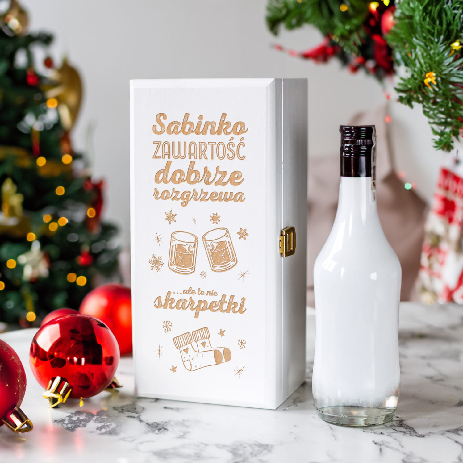 Skrzynka Biała na Alkohol Prezent na Święta - Prezent Świąteczny Skrzynka na Nalewkę - Dobrze Rozgrzewa