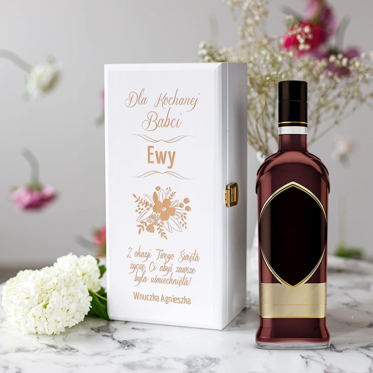 Skrzynka Na Alkohol z Grawerem dla Babci - Prezent na Dzień Babci - Dla Kochanej Babci- Biała