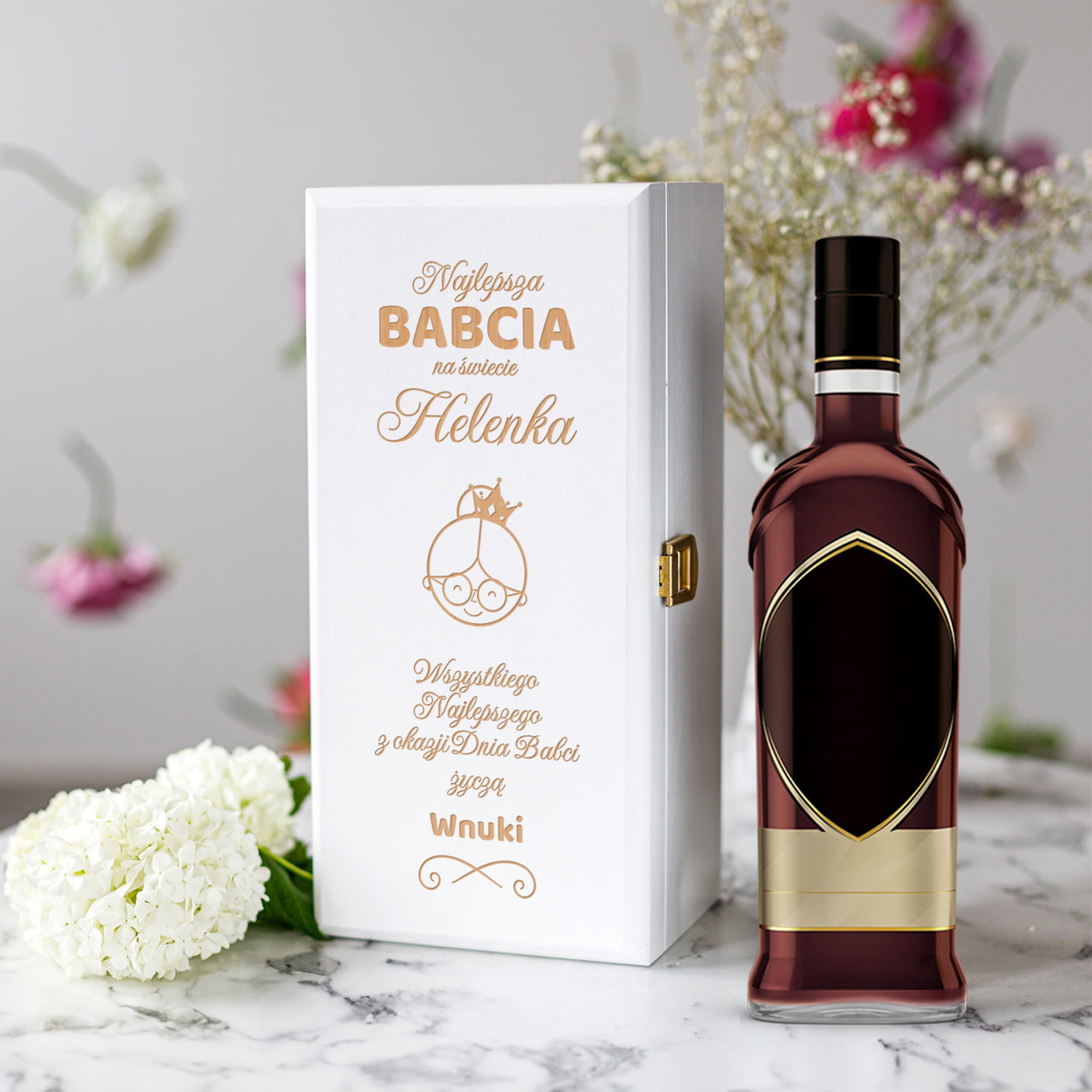 Skrzynka Na Alkohol z Grawerem dla Babci - Prezent na Dzień Babci - Najlepsza Babcia Na Świecie - Biała