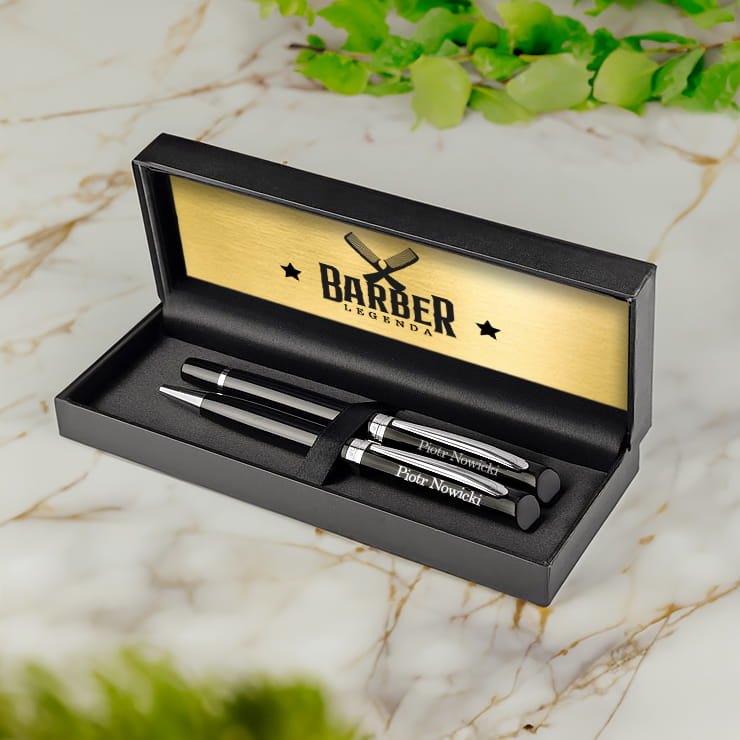 Zestaw Piśmienniczy dla Barbera - Długopis i Pióro z Grawerem - Barber Legenda - Czarny