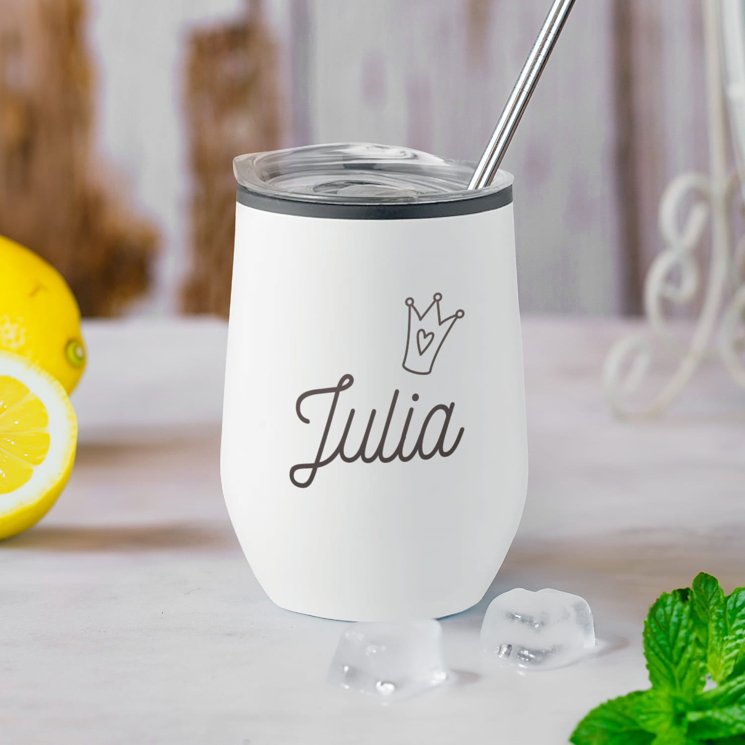 Termiczny Kubek dla Dziewczyny z Imieniem do Drinków Wina z Podwójną Ścianką -  Prezent dla Niej na Dzień Kobiet - Korona